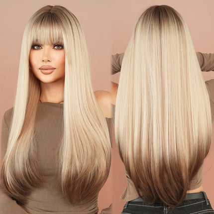 Long Straight Ombre Blonde Wig with Bangs