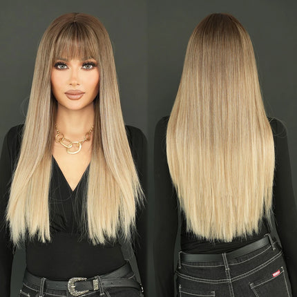 Long Straight Ombre Blonde Wig with Bangs