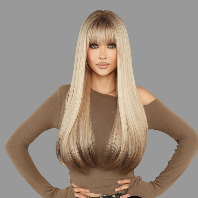 Long Straight Ombre Blonde Wig with Bangs