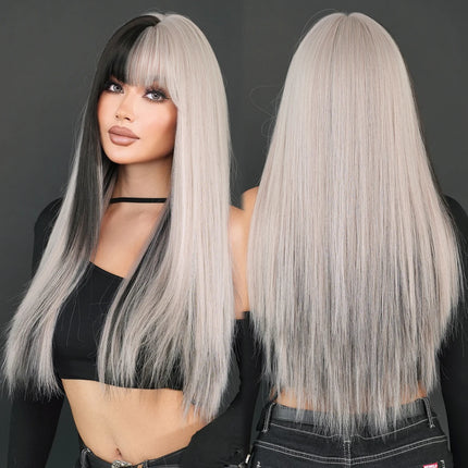 Long Straight Ombre Blonde Wig with Bangs