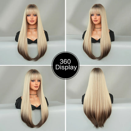 Long Straight Ombre Blonde Wig with Bangs