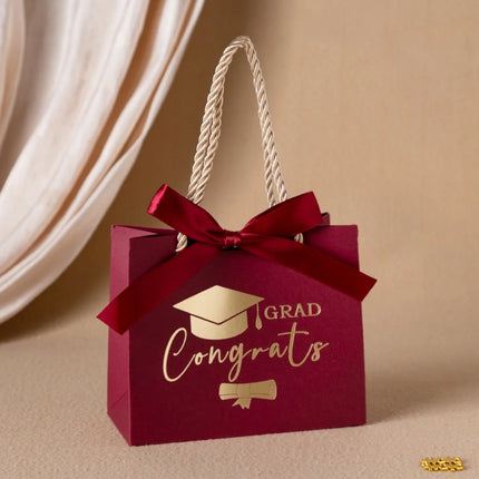 Graduation Gift Bag Gold Foil Congrats Grad Cap Paper Box with Rope Handle Ribbon Bow for Candy Party Favor Wholesale