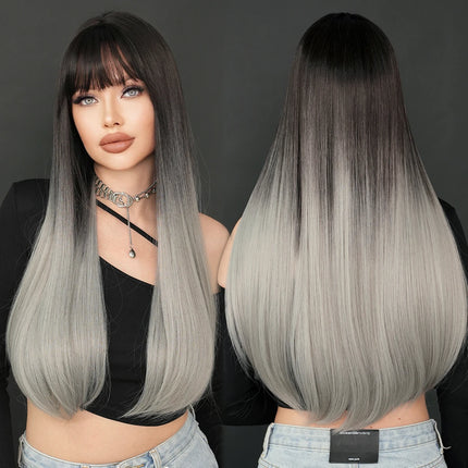 Long Straight Ombre Blonde Wig with Bangs
