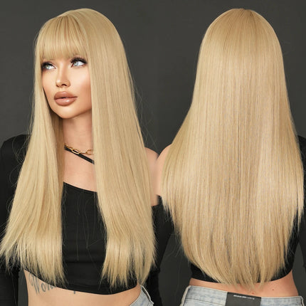 Long Straight Ombre Blonde Wig with Bangs