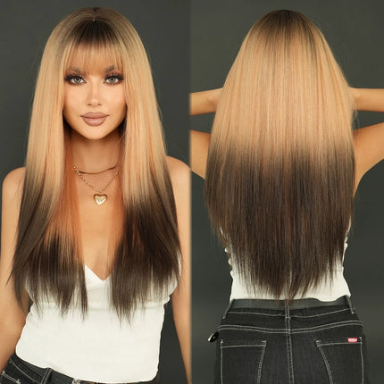 Long Straight Ombre Blonde Wig with Bangs