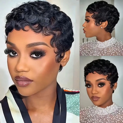 Short Pixie Cut Curly Human Hair Wig (1B)
