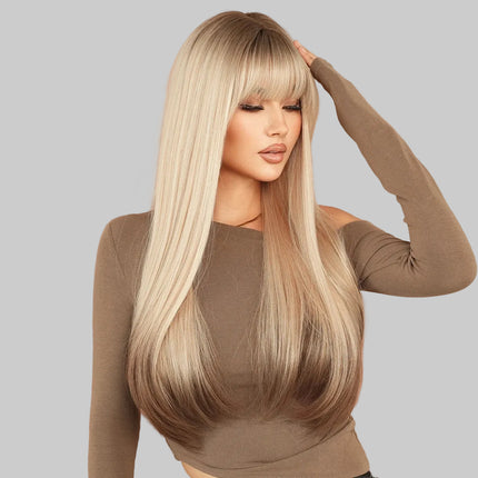 Long Straight Ombre Blonde Wig with Bangs