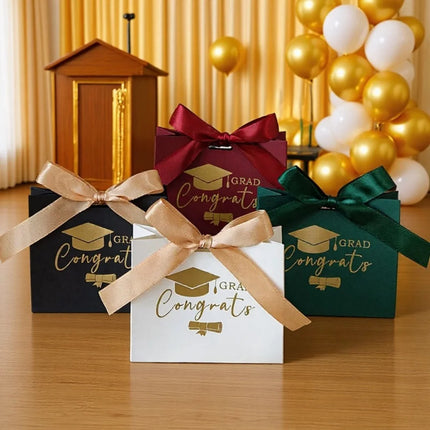 Graduation Gift Bag Gold Foil Congrats Grad Cap Paper Box with Rope Handle Ribbon Bow for Candy Party Favor Wholesale