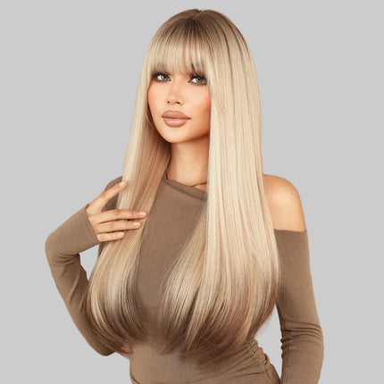 Long Straight Ombre Blonde Wig with Bangs
